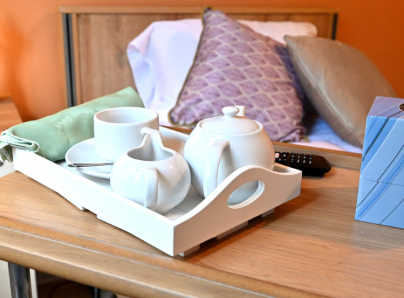 Tea tray next to bed